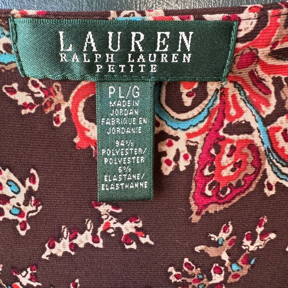 Lauren Ralph Lauren Petite Brown Paisley Midi Dress PL Ruched Sleeveless - Picture 5 of 6